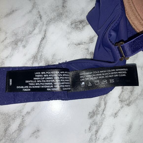 Natori Bra 32B Floral Lace See Through Padded Blue Yellow Brown Hook And Eye - Picture 6 of 7